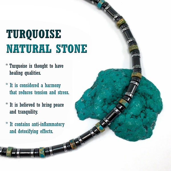 Healing Stress Anxiety Meditation Grounding Energy Metaphysical Gemstone Mens Necklace (Turquoise & Hematite -6 mm- Stone Tube Beads)