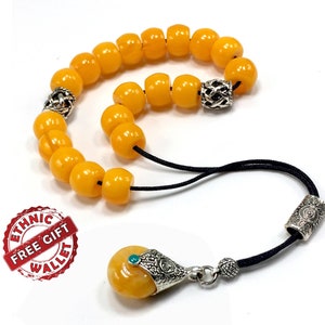 Greek KOMBOLOI, Worry Beads, Anxiety Beads, Relaxing Beads, Begleri, Stress Relief Relaxation (Dark Yellow Resin Drum -13X9 mm-19 Big Beads)