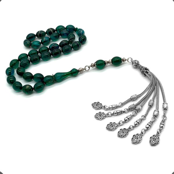 Wavy Green Squeezing Amber Prayer Beads, Worry Stress Beads, Tesbih, Tasbih, Tasbeeh, Rosary, Misbaha, Masbaha (11x9 mm-33 Barley Cut Beads)