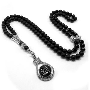 Allah Tassel Black Agate Muslim Prayer Beads, Tesbih, Tasbih, Tasbeeh, Misbaha, Masbaha, Worry Beads, Rosary, Muslim Tasbih (8 mm 99 Beads)