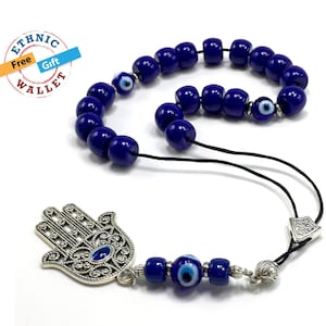 Greek Komboloi, Rosary, Worry Beads, Anxiety Beads, Relaxing Beads, Begleri (Navy Blue Resin & Evil Eye-13X9 mm-19 Big Beads and Hamsa)