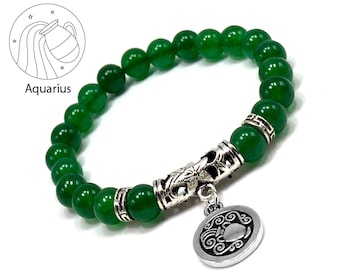 AQUARIUS ZODIAC Healing Gemstone Bracelets According to Zodiac Series -8 mm Green Jade Beads- Astrology Healing Stress Relief Bracelets