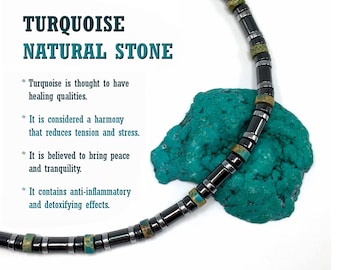 Healing Stress Anxiety Meditation Grounding Energy Metaphysical Gemstone Mens Necklace (Turquoise & Hematite -6 mm- Stone Tube Beads)