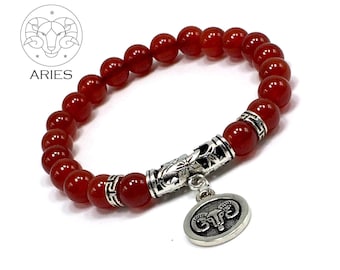 ARIES ZODIAC Healing Gemstone Bracelets According to Zodiac Series -8 mm Red Agate Stone Beads- Astrology Healing Stress Relief Bracelets