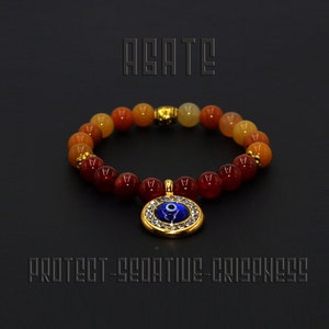 Pulsera de Ágata Roja con Mal de Ojo de Pedrería / Pulsera Curativa / Pulsera Calmante (BILLETERA ÉTNICA GRATIS)