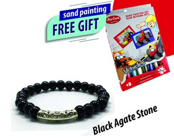 KIDS BRACELET Black Agate Stone 6mm Gemstone Kid's Protection Bracelet Kid's Healing Energy Crystal Jewelry (Sand Painting Gift)