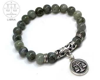 Pulseras de piedras preciosas curativas del signo zodiacal Libra - Cuentas de labradorita de 8 mm - Pulseras de astrología para aliviar el estrés y sanar