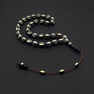 Handmade Embroidered Kuka Worry Beads, Prayer Beads, Tesbih, Tasbih, Tasbeeh, Misbaha, Masbaha, Rosary (Black/White 13x9 mm 33 beads)