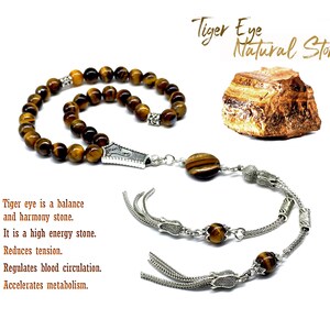 Tiger Eye Natural Stone Prayer Beads, Worry Stress Beads, Tesbih, Tasbih, Tasbeeh, Misbaha, Masbaha, Subha, Sebha, Rosary (8 mm-33 Beads)