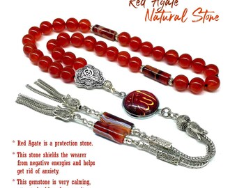 Red Agate Stone Muslim Prayer Beads, Tesbih, Tasbih, Tasbeeh, Misbaha, Masbaha, Subha, Sebha, Sibha, Rosary, Worry Beads (8 mm-33 Beads)