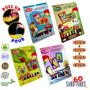 Kits de pintura em areia do castelo vermelho Pacotes de valor -4 pacotes juntos -Kits de pintura em areia para crianças -60 tubos de areia- 8 cartões de pintura grandes (SET5)
