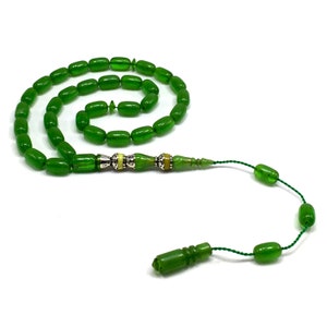 Special Handmade Silver Engraved Bakelite Tesbih, Tasbih, Islamic Rosary, Islamic Prayer Beads, Misbaha (6x11 mm 33 Lime Green Beads)
