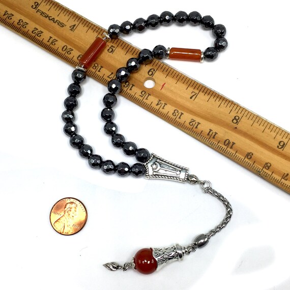 Faceted Black Hematite & Red Agate Tassel Worry Beads, Prayer