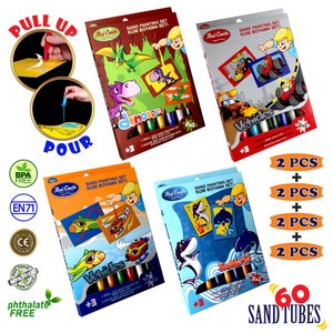 Kits de pintura em areia do castelo vermelho Pacotes de valor -4 pacotes juntos - Kits de pintura em areia para crianças -60 tubos de areia-8 cartões de pintura grandes (SET4)