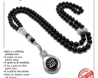 Allah Tassel Black Agate Muslim Prayer Beads, Tesbih, Tasbih, Tasbeeh, Misbaha, Masbaha, Worry Beads, Rosary, Muslim Tasbih (8 mm 99 Beads)