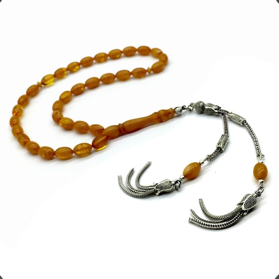 Honey Color Transparent Prayer Beads ,Worry Beads, Tesbih, Tasbih, Tasbeeh,  Rosary, Misbaha, Masbaha, Subha (9x6 mm-33 Beyzi Cut Beads)