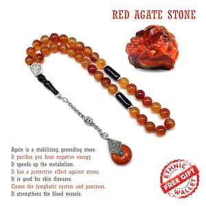 Red Agate Stone Tesbih, Worry Beads, Muslim Prayer Beads, Tasbih, Tasbeeh, Misbaha, Subha, Rosary, Muslim Prayer Beads (8mm 33 Beads)