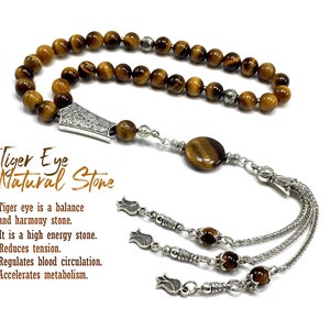 Tiger Eye Stone Long Tassel Worry Beads, Prayer Beads, Tesbih, Muslim Tasbih, Misbaha, Masbaha, Subha, Muslim Rosary (8 mm 33 beads)