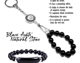 Prayer Beads & Keychain and Black Agate Bracelet-Car Key Chain-Handbags Holder-Stress Worry Beads-Tesbih-Tasbih-Masbaha -10mm Glass Beads-