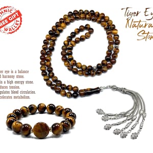 Tiger Eye Stone Prayer Beads & Bracelet, Worry Beads, Tesbih, Muslim Tasbih, Tasbeeh, Misbaha, Masbaha, Subha, Women Rosary (8mm-99 beads)