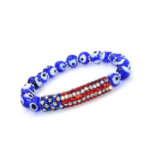 Pulsera del Mal de Ojo con Cuentas de Tubo Curvo de Pedrería de La Bandera Americana / Pulsera de Piedras Preciosas / Pulsera de Curación / Pulsera Calmante (BILLETERA GRATIS)