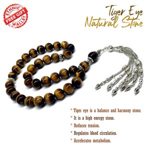 Tiger Eye Stone Prayer Beads, Tesbih, Muslim Tasbih, Tasbeeh, Misbaha, Masbaha, Subha, Sebha, Sibha, Worry Beads, Rosary (12mm 33 Big Beads)