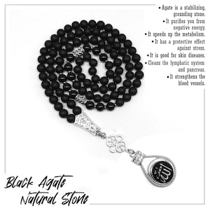 Allah Tassel Black Agate Muslim Prayer Beads, Tesbih, Tasbih, Tasbeeh, Misbaha, Masbaha, Worry Beads, Rosary, Muslim Tasbih (8 mm 99 Beads)