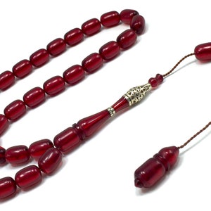 Special Handmade Silver Engraved Bakelite Tesbih, Tasbih, Islamic Rosary, Islamic Prayer Beads, Misbaha (8x12 mm 33 Cherry Cylinder Beads)