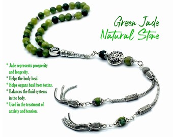 Green Jade Stone Prayer Beads, Turkish Rosary (8 mm-33 Beads)