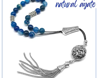 Komboloi griego de ágata rayada azul, cuentas para la preocupación, para aliviar la ansiedad, relajantes y antiestrés, juguete de habilidad (8 mm - 21 cuentas)