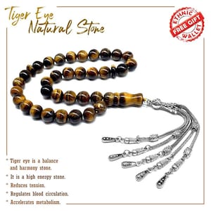 Big Tiger Eye Stone Prayer Beads with Metal Tassel, Tesbih, Tasbih, Tasbeeh, Misbaha, Masbaha, Subha, Rosary, Worry Beads  (10mm 33 Beads)