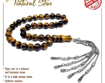 Big Tiger Eye Stone Prayer Beads with Metal Tassel, Tesbih, Tasbih, Tasbeeh, Misbaha, Masbaha, Subha, Rosary, Worry Beads  (10mm 33 Beads)