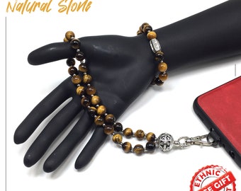 Tiger Eye Beads Healing Phone Strap & Bracelet, Gemstone Phone Chain, Handmade Phone Charm, Phone Lanyard, Phone Charm Wrist Strap