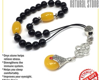 Black Onyx Stone Greek KOMBOLOI, Rosary, Worry Beads, Anxiety Beads, Relaxing Beads, Stress Beads, Begleri, Greek Gift -M4- (8 mm-21 Beads)