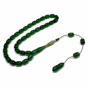 Special Handmade Silver Engraved Bakelite Tesbih, Tasbih, Islamic Rosary, Islamic Prayer Beads, Misbaha (8x12 mm 33 Forest Green Beads)