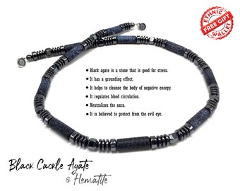 Healing Stress Anxiety Meditation Grounding Energy Metaphysical Gemstone Men Necklace (Black Cackle Agate & Hematite -6mm- Stone Tube Beads)