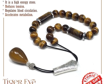 Tiger Eye Stone Greek KOMBOLOI, Rosary, Worry Beads, Anxiety Beads, Relaxing Beads, Stress Beads, Begleri, Greek Gift -M1- (8 mm-21 Beads)