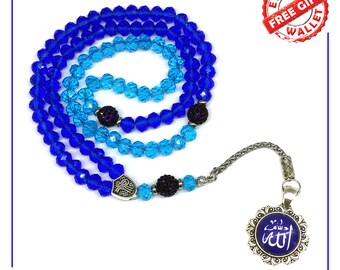 Dark & Light Blue Crystal Muslim Women Prayer Beads Tesbih Tasbih Tasbeeh Misbaha Masbaha Subha Sebha Rosary (6x8 mm-Beads - ALLAH Tassel)