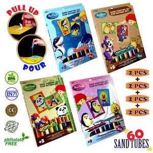 Kits de pintura em areia do castelo vermelho Pacotes de valor -4 pacotes juntos -Kits de pintura em areia para crianças -60 tubos de areia-8 cartões de pintura grandes (SET2)