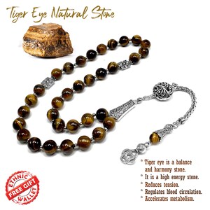 Tiger Eye Natural Stone Muslim Big Tasbih, Tasbeeh, Misbaha, Worry Beads, Muslim Prayer Beads, Rosary, Tesbih (10 mm 33  Beads)