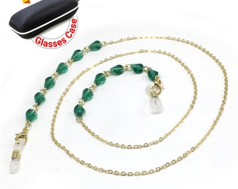 FREE Eyeglass Case - GREEN CRYSTAL Beaded Eyeglass Chain, Eyewear Retainer Eyeglass Strap Holder Eyeglass Necklace Women Eyeglass Chain