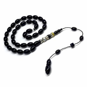 Special Handmade Silver Engraved Bakelite Tesbih, Tasbih, Islamic Rosary, Islamic Prayer Beads, Misbaha (7x11 mm 33 Black Rice Beads)