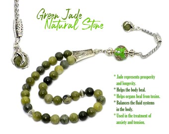 Eagle Claw Worry Beads, Prayer Beads, Tesbih, Muslim Tasbih, Tasbeeh, Misbaha, Subha, Rosary, Dhikr Beads (Green Jade Stone - 8 mm 33 beads)