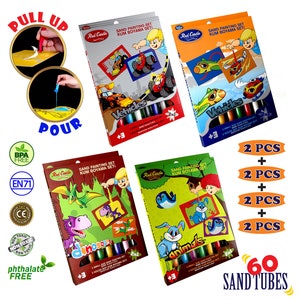 Kits de pintura em areia do castelo vermelho Pacotes de valor -4 pacotes juntos -Kits de pintura em areia para crianças -60 tubos de areia-8 cartões de pintura grandes (SET1)