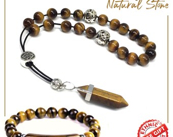 Tiger Eye Stone Greek KOMBOLOI & Bracelet, Rosary, Worry Beads, Anxiety Beads, Relaxing Beads, Stress Beads, Begleri -M4- (8 mm-21 Beads)