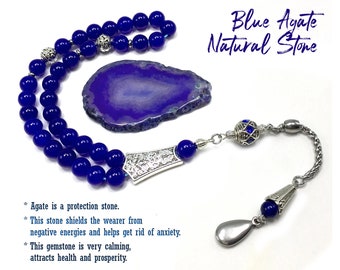 Navy Blue Agate Stone & Crystal Beads Design Tesbih, Worry Beads, Muslim Prayer Beads, Tasbih, Tasbeeh, Misbaha, Rosary (8 mm 33 Beads)