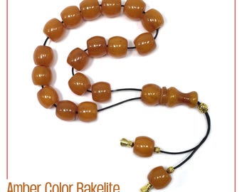 Greek KOMBOLOI, Worry, Relaxing, Anxiety Beads, Begleri, Stress Relief Relaxation Rosaries (Faturan Style Amber Color -13x12 mm- 19 Beads)