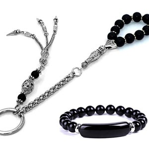 Unique Design Black Agate Worry Beads - Key chain Together and Bracelet (8 mm)-Stress Worry Beads-Tesbih-Tasbih-Subha-Misbaha-Key Chain