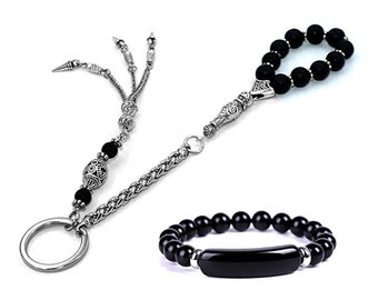 Unique Design Black Agate Worry Beads - Key chain Together and Bracelet (8 mm)-Stress Worry Beads-Tesbih-Tasbih-Subha-Misbaha-Key Chain