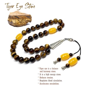 Tiger Eye Natural Stone Muslim Big Tasbih, Tasbeeh, Misbaha, Worry Beads, Muslim Prayer Beads, Rosary, Tesbih (10 mm 33  Round Beads)